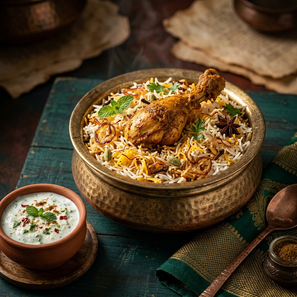 Authentic Hyderabadi Chicken Dum Biryani in hammered copper handi with burani raita and mint